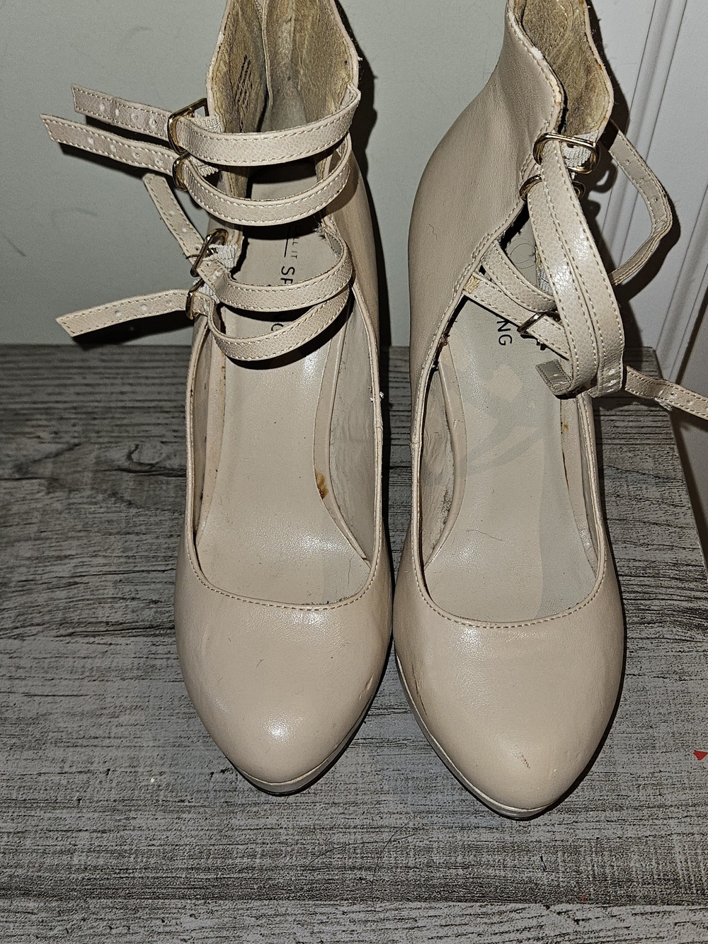 💥2/$15💥Call It Spring beige vegan leather high heels feature wrap-around
